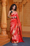 Virasat- Exclusive Handloom Pure Silk Muniya Border Paithani With Tissue Lines and Grand Lotus Pallu ~ Red