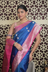 Shubh Lakshmi 2.0 ~ Handloom High Quality Pure Katan Silk Saree in Ocean Blue and Pink (Silk Mark Certified)