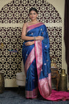 Shubh Lakshmi 2.0 ~ Handloom High Quality Pure Katan Silk Saree in Ocean Blue and Pink (Silk Mark Certified)
