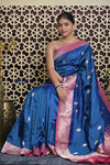 Shubh Lakshmi 2.0 ~ Handloom High Quality Pure Katan Silk Saree in Ocean Blue and Pink (Silk Mark Certified)