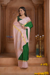 Shubh Lakshmi ~ Handloom Pure Mysore Silk Crepe Saree in Royal Green and Blush Pink (Silk Mark Certified)