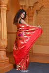 Virasat- Exclusive Handloom Pure Silk Muniya Border Paithani With Tissue Lines and Grand Lotus Pallu ~ Red