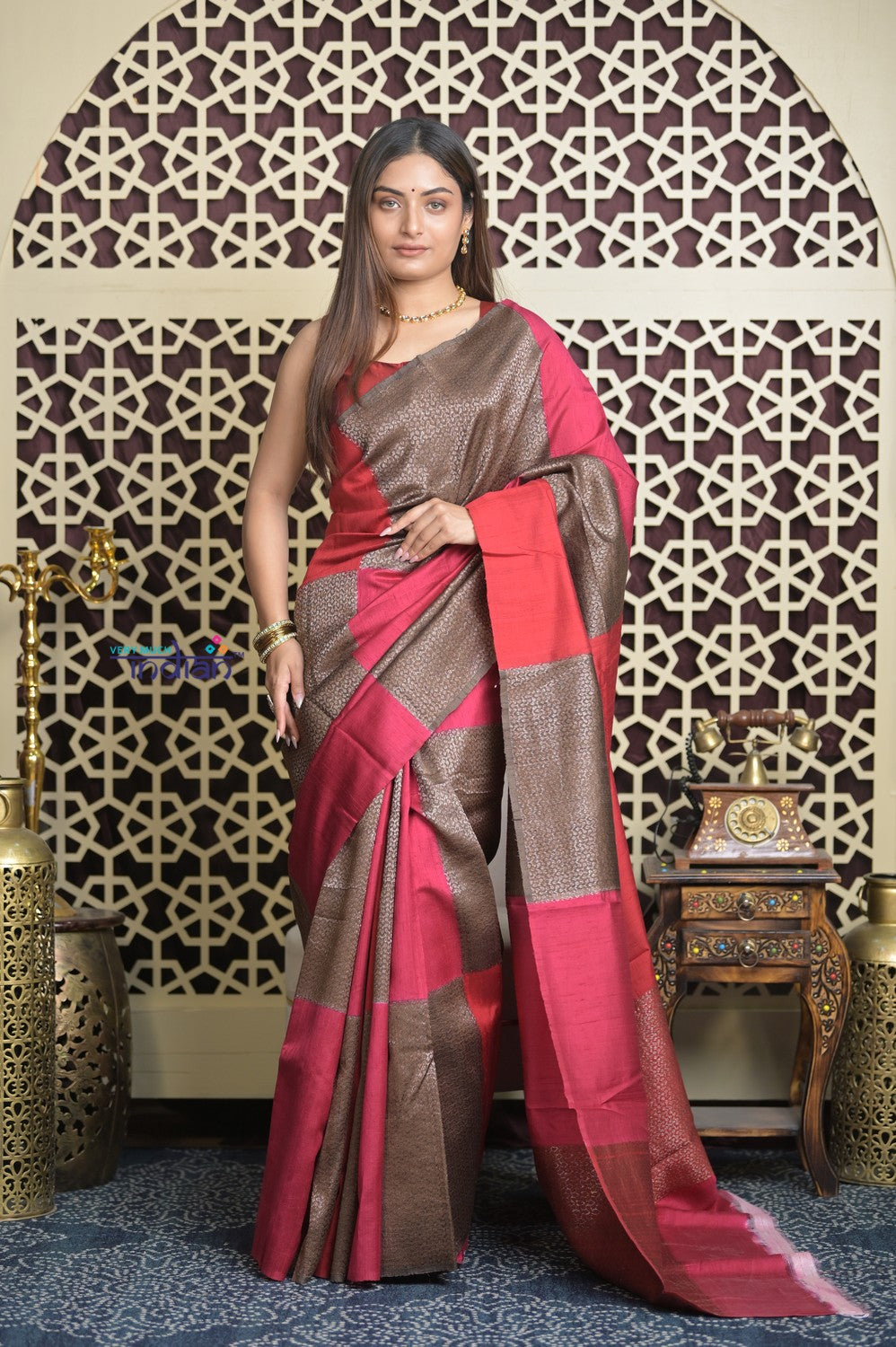 Shubh Lakshmi 2.0 ~ Handloom High Quality Pure Raw Silk Saree in Shades of Brown and Pink (Silk Mark Certified)