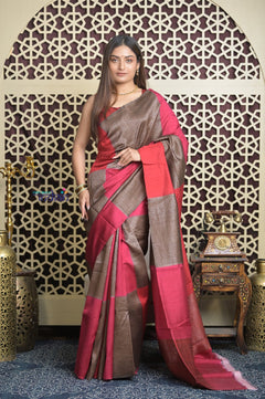 Shubh Lakshmi 2.0 ~ Handloom High Quality Pure Raw Silk Saree in Shades of Brown and Pink (Silk Mark Certified)