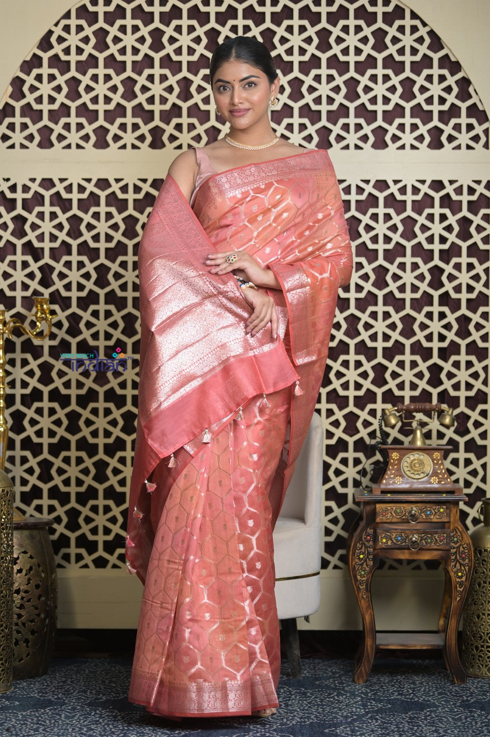 Shubh Lakshmi 2.0 ~ Designer Chanderi Cotton Silk Saree with Diamond Pattern in Salient Peach