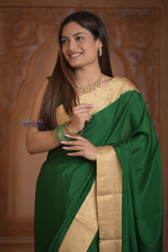 Shubh Lakshmi ~ Handloom Pure Mysore Silk Crepe Saree in Leaf Green Gold (Silk Mark Certified)
