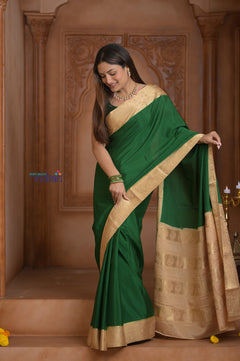 Shubh Lakshmi ~ Handloom Pure Mysore Silk Crepe Saree in Leaf Green Gold (Silk Mark Certified)