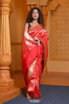 Virasat- Exclusive Handloom Pure Silk Muniya Border Paithani With Tissue Lines and Grand Lotus Pallu ~ Red
