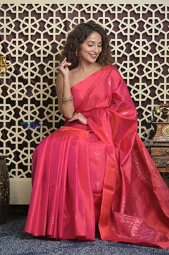 Shubh Lakshmi 2.0 ~ Handloom High Quality Pure Soft Silk Saree in Dual Tone Red Pink (Silk Mark Certified)