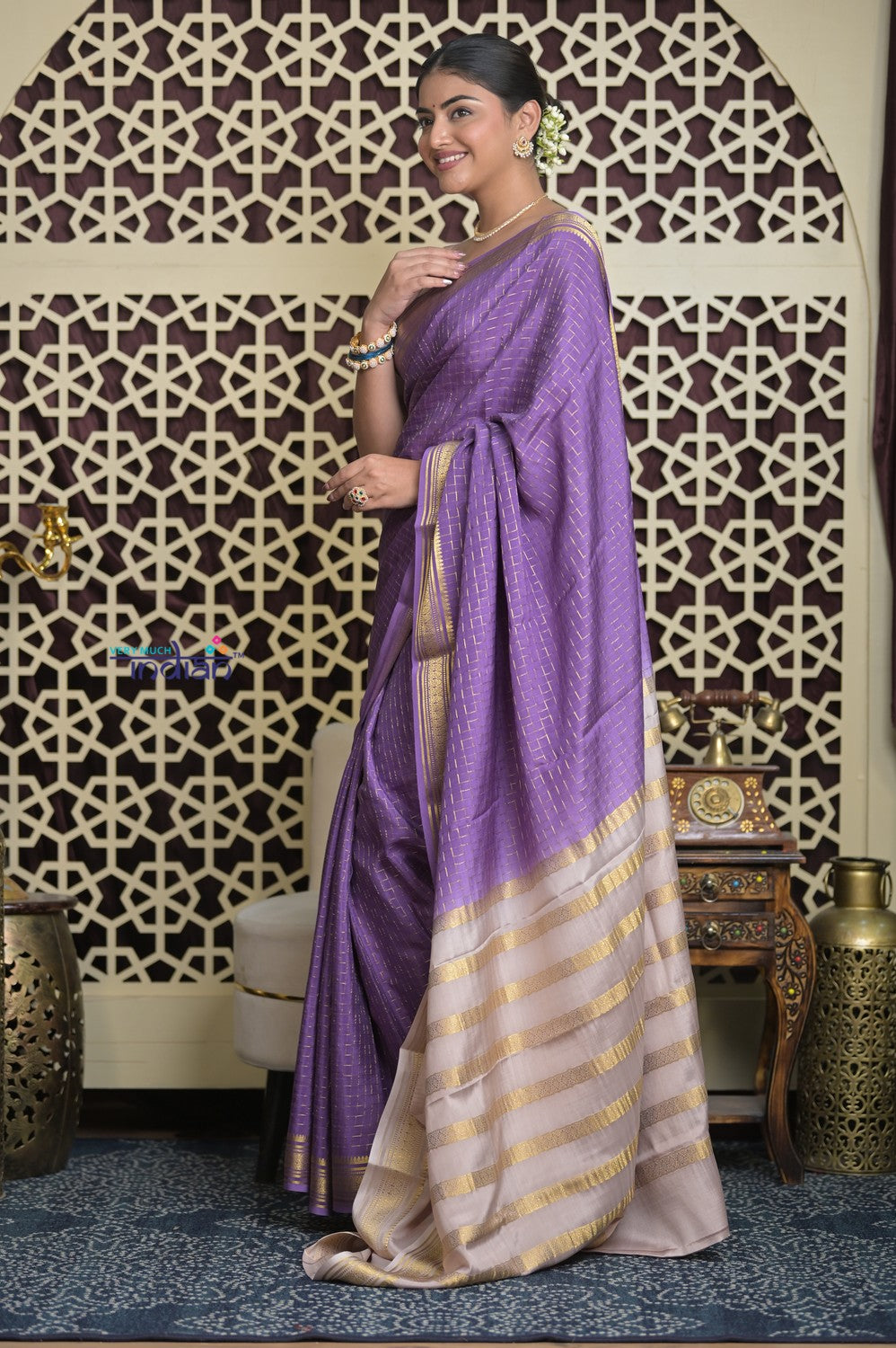 Shubh Lakshmi 2.0 ~ Handloom High Quality Pure Mysore Silk Saree in Lilac and Gold (Silk Mark Certified)