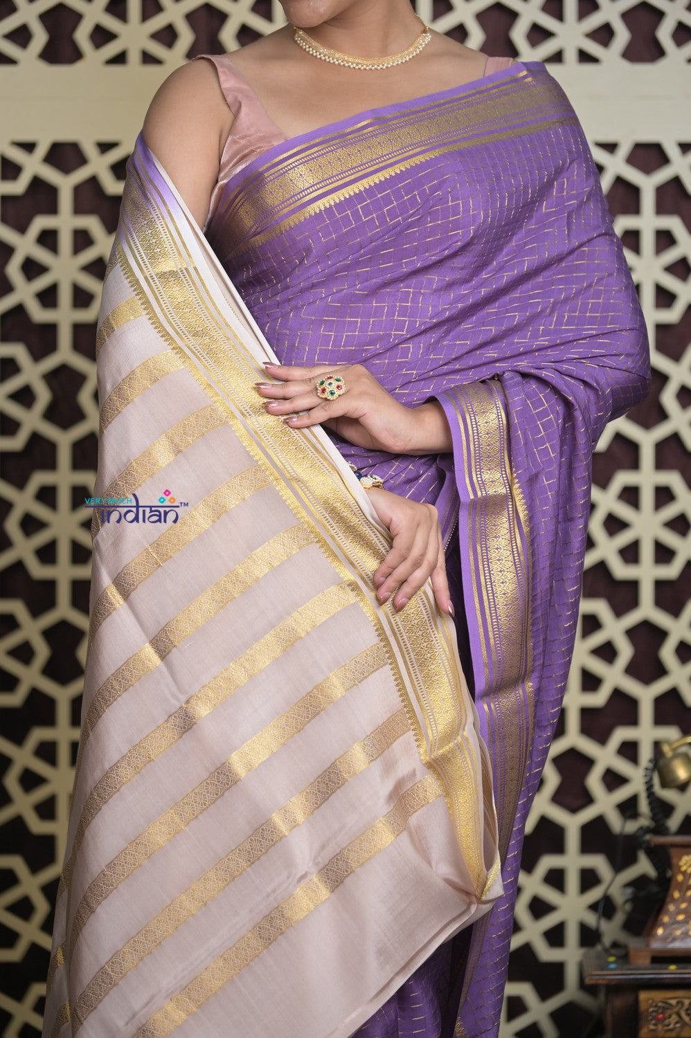 Shubh Lakshmi 2.0 ~ Handloom High Quality Pure Mysore Silk Saree in Lilac and Gold (Silk Mark Certified)
