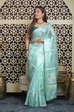 Shubh Lakshmi 2.0 ~ Designer Handloom Pure Kora Silk Saree with Floral Pattern in Sky Blue