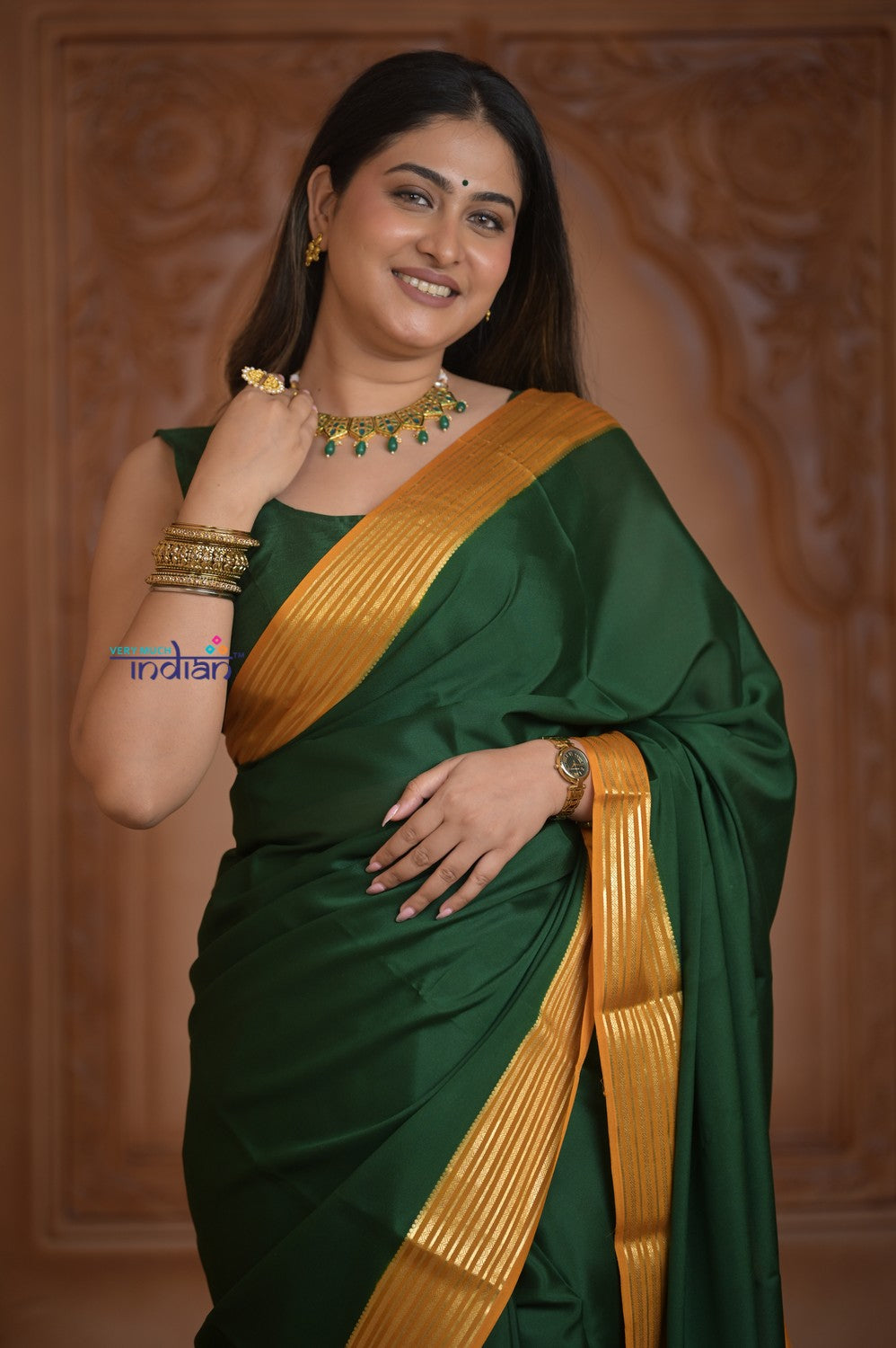 Shubh Lakshmi ~ Handloom Pure Mysore Silk Crepe Saree in Dark Green and Yellow (Silk Mark Certified)
