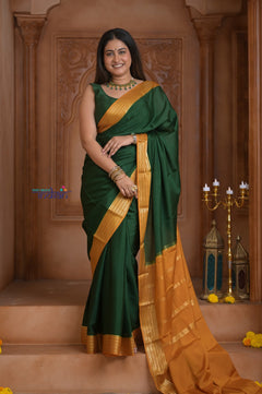 Shubh Lakshmi ~ Handloom Pure Mysore Silk Crepe Saree in Dark Green and Yellow (Silk Mark Certified)