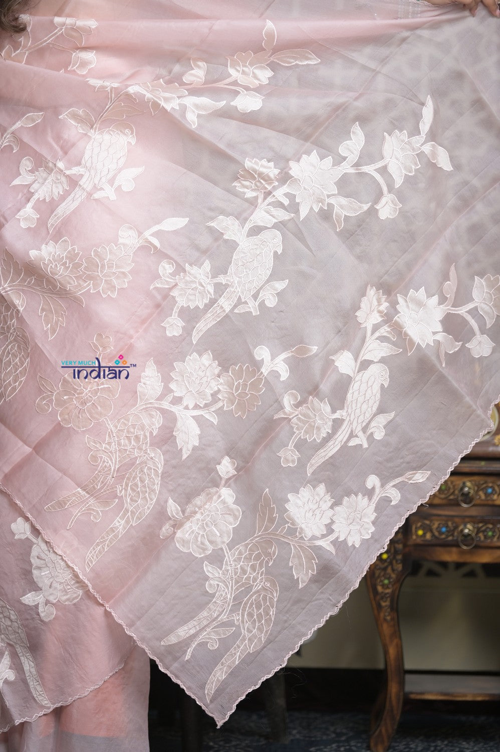 Shubh Lakshmi 2.0 ~ Designer High Quality Kora Silk Saree with Parrot Pattern in Light Peach