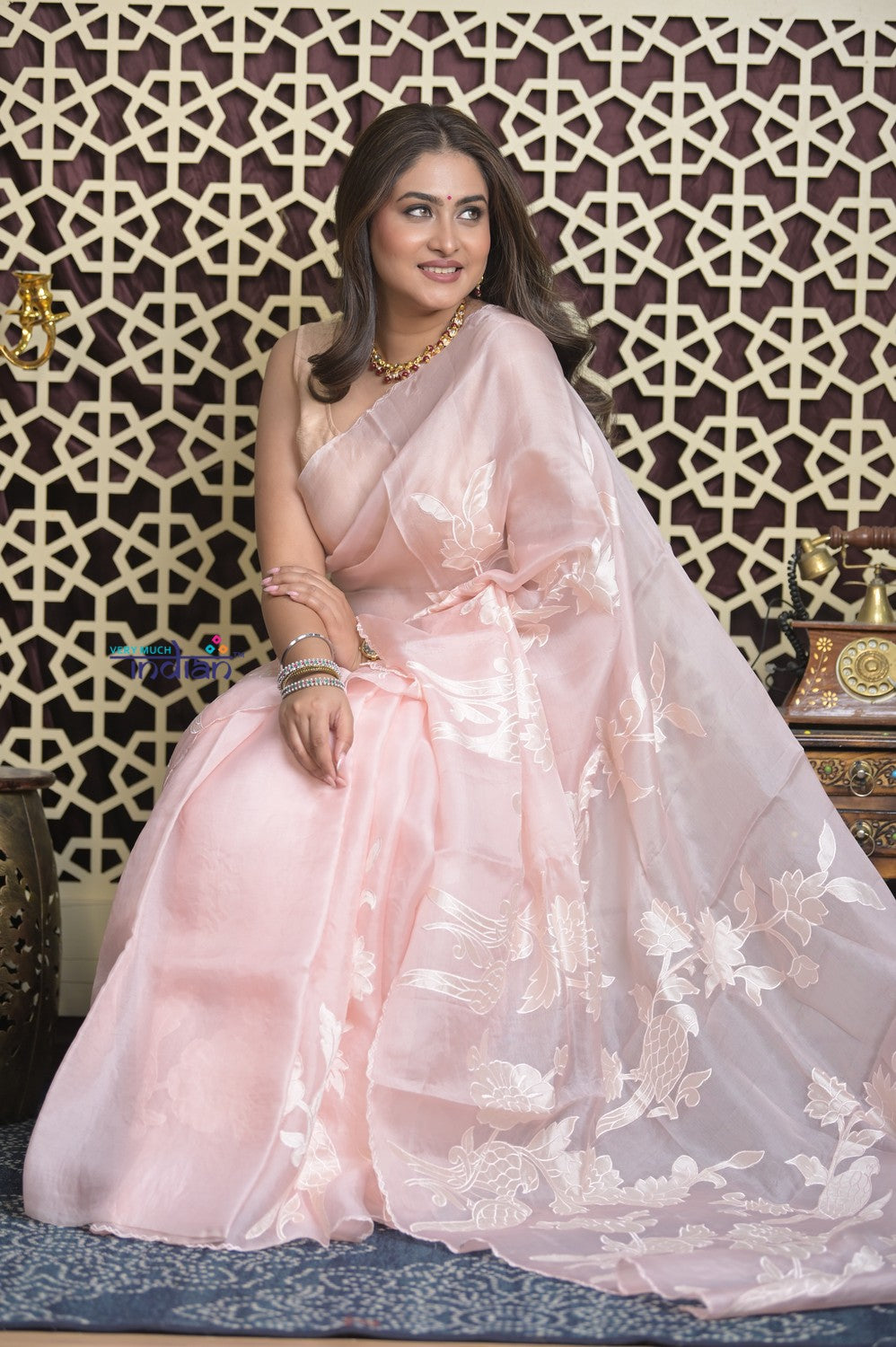 Shubh Lakshmi 2.0 ~ Designer High Quality Kora Silk Saree with Parrot Pattern in Light Peach