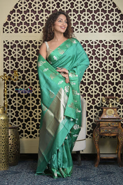 Shubh Lakshmi 2.0 ~ Handloom High Quality Pure Katan Silk Saree in Mint Green (Silk Mark Certified)