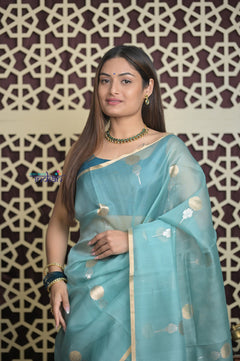 Shubh Lakshmi 2.0 ~ Handloom Pure Silk Kora Saree in Sky Blue (Silk Mark Certified)