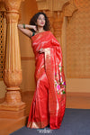 Virasat- Exclusive Handloom Pure Silk Muniya Border Paithani With Tissue Lines and Grand Lotus Pallu ~ Red