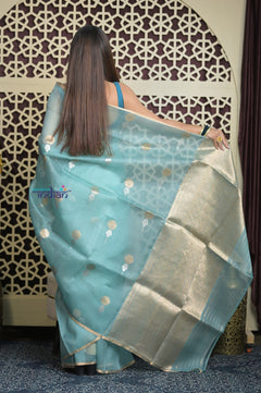 Shubh Lakshmi 2.0 ~ Handloom Pure Silk Kora Saree in Sky Blue (Silk Mark Certified)