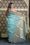 Shubh Lakshmi 2.0 ~ Handloom Pure Silk Kora Saree in Sky Blue (Silk Mark Certified)