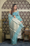 Shubh Lakshmi 2.0 ~ Handloom Pure Silk Kora Saree in Sky Blue (Silk Mark Certified)
