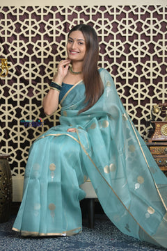 Shubh Lakshmi 2.0 ~ Handloom Pure Silk Kora Saree in Sky Blue (Silk Mark Certified)