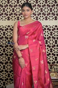 Shubh Lakshmi 2.0 ~ Handloom High Quality Pure Soft Silk Saree in Peach Pink with Cow Motif (Silk Mark Certified)
