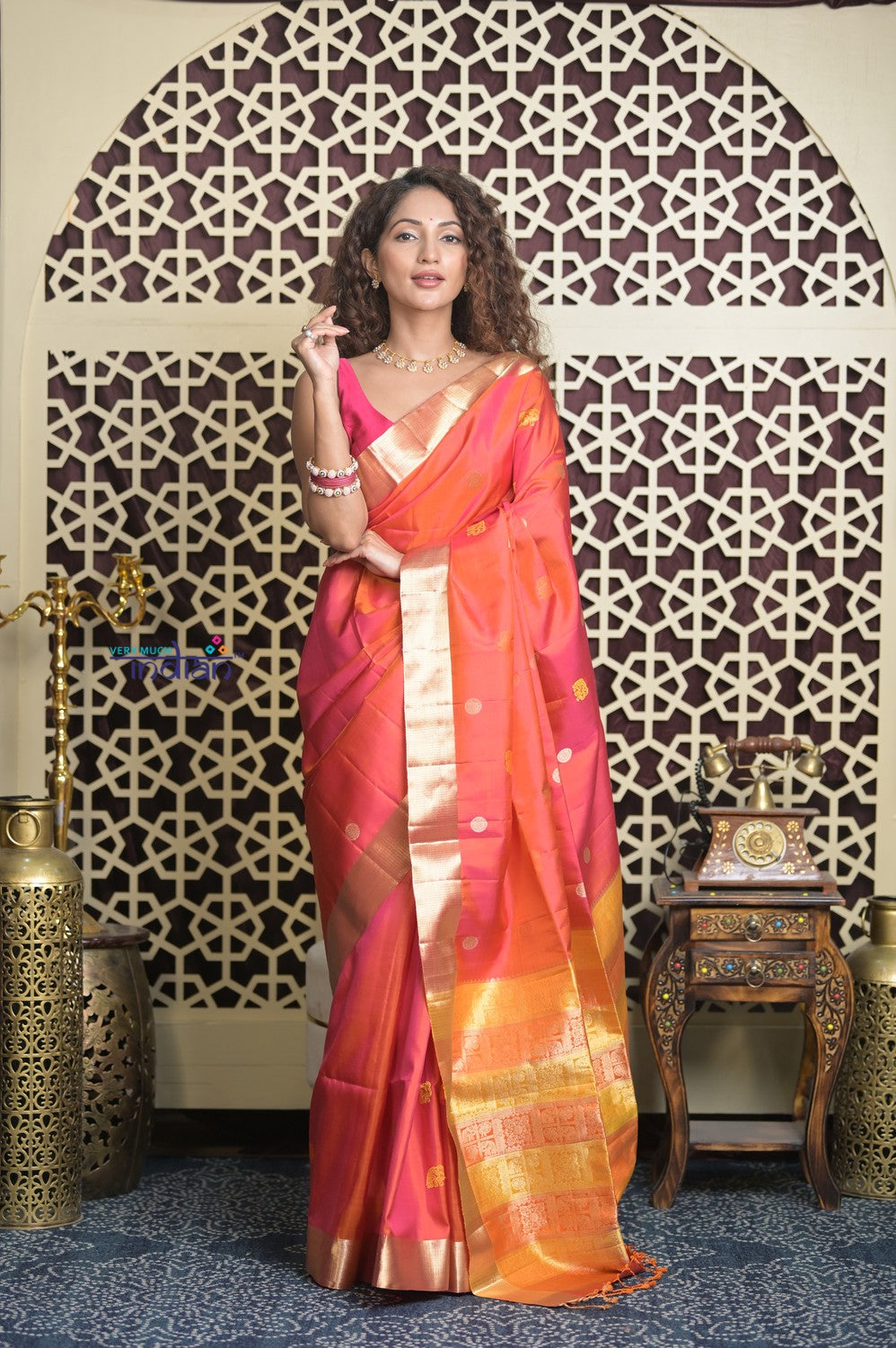 Shubh Lakshmi 2.0 ~ Handloom High Quality Pure Soft Silk Saree in Dual Tone Orange Pink (Silk Mark Certified)