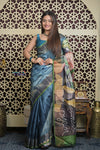 Shubh Lakshmi 2.0 ~ Handloom High Quality Pure Tussar Silk Saree with Digital Print in Ocean Blue