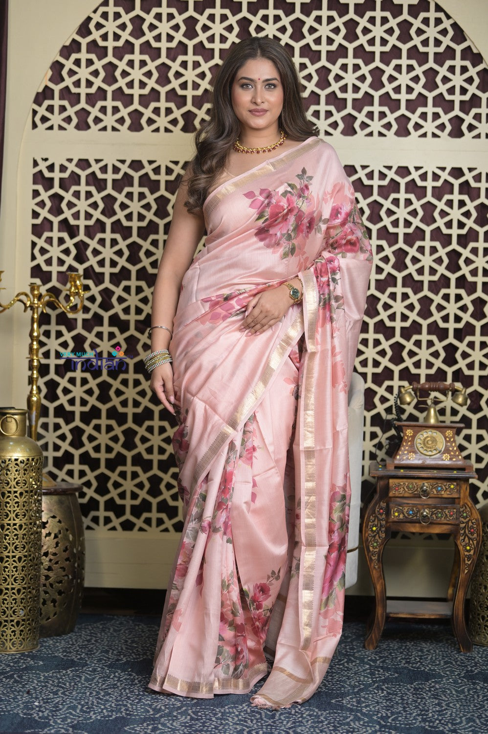 Shubh Lakshmi 2.0 ~ Handloom High Quality Pure Silk Saree with Digital Print in Blush Pink (Silk Mark Certified)