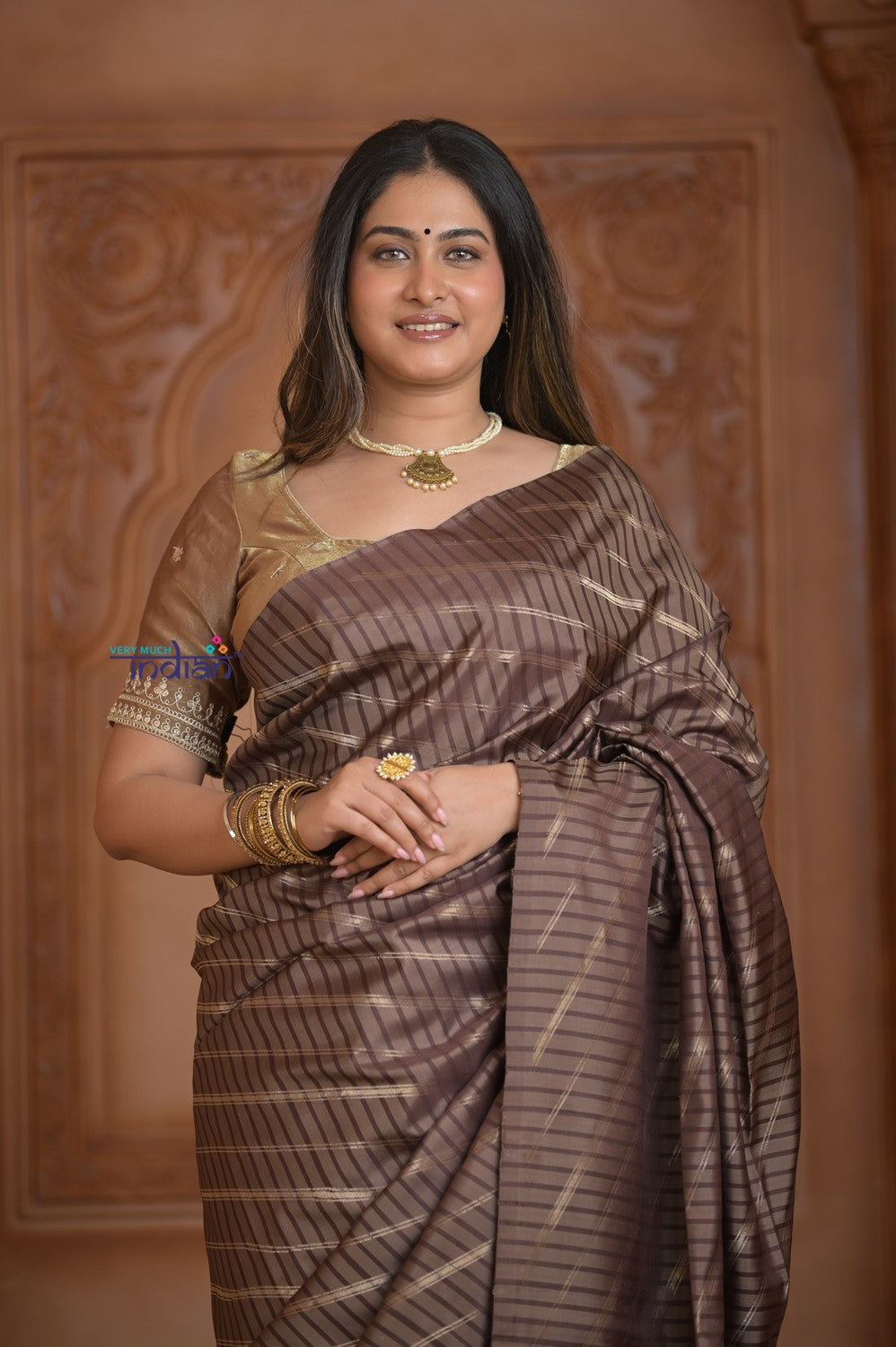 Shubh Lakshmi ~ Handloom High Quality Pure Soft Silk Saree in Gold Brown (Silk Mark Certified)