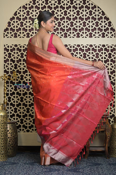Shubh Lakshmi 2.0 ~ Handloom High Quality Pure Soft Silk Saree in Bright Orange and Pink (Silk Mark Certified)