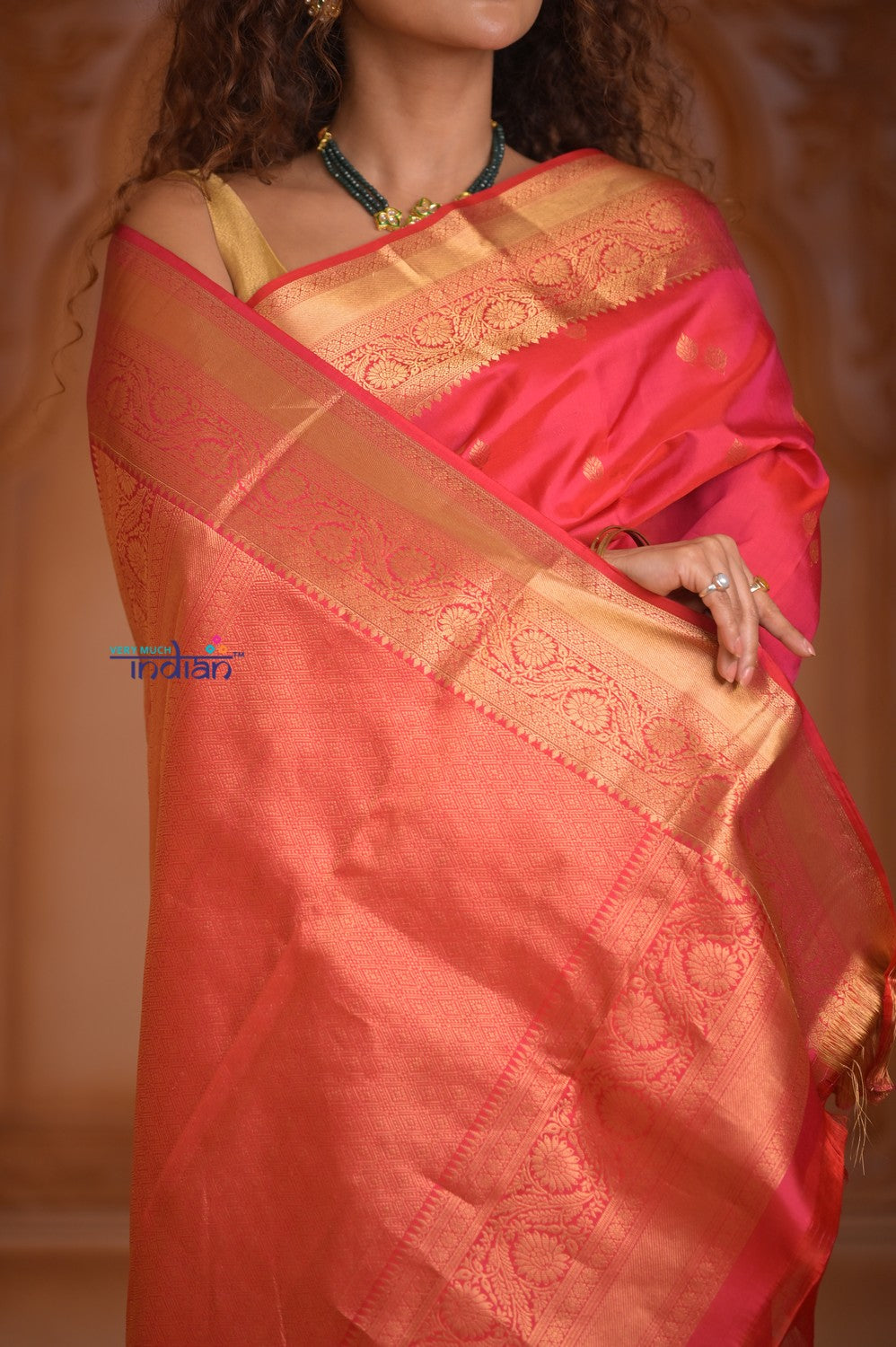 Shubh Lakshmi ~ Handloom Pure Silk Kanjivaram Saree in Crimson Red Gold (Silk Mark Certified)