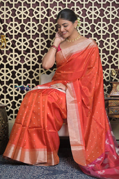 Shubh Lakshmi 2.0 ~ Handloom High Quality Pure Soft Silk Saree in Bright Orange and Pink (Silk Mark Certified)