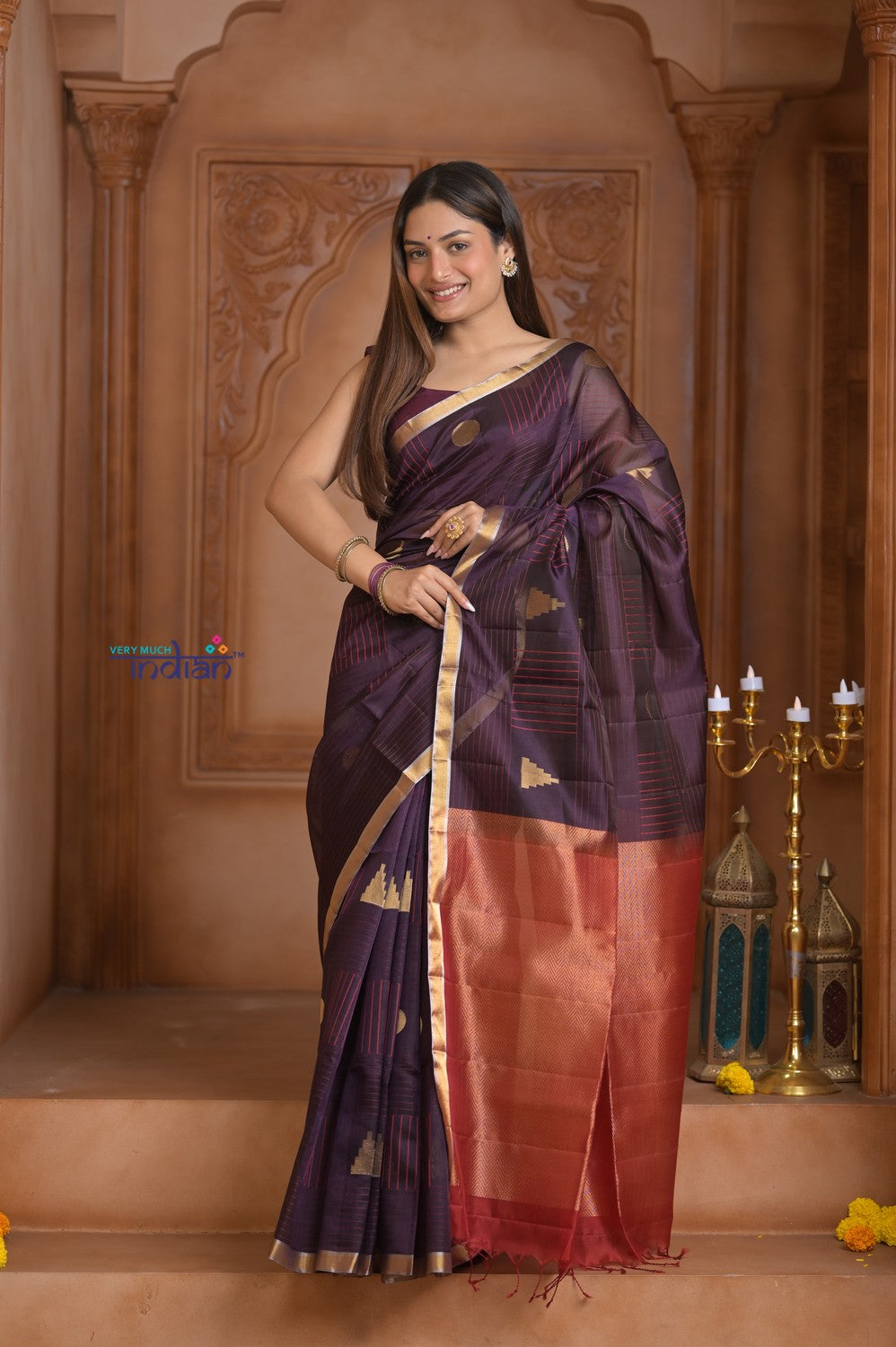 Shubh Lakshmi ~ Handloom Cotton Silk Saree in Dark Brown and Red
