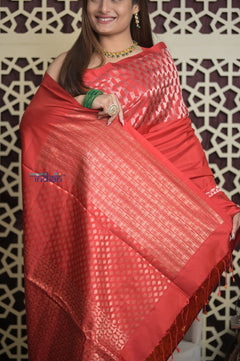 Shubh Lakshmi 2.0 ~ Handloom High Quality Pure Soft Silk Saree in Shades of Red (Silk Mark Certified)