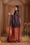 Shubh Lakshmi ~ Handloom Cotton Silk Saree in Dark Brown and Red