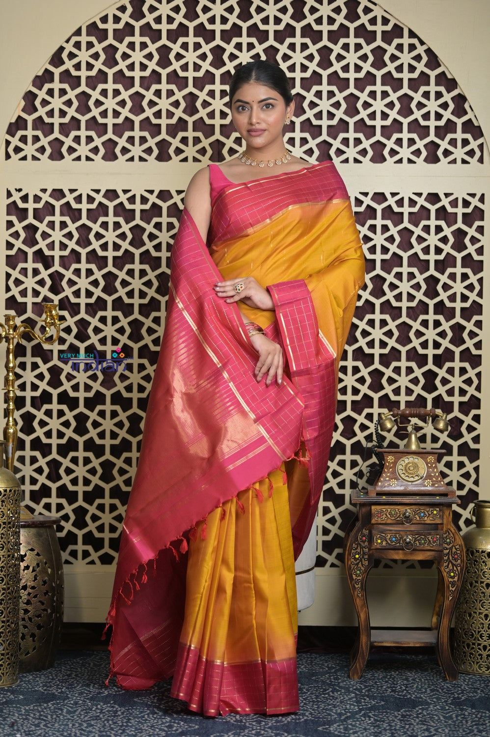 Shubh Lakshmi 2.0 ~ Handloom High Quality Pure Soft Silk Saree in Yellow and Pink (Silk Mark Certified)