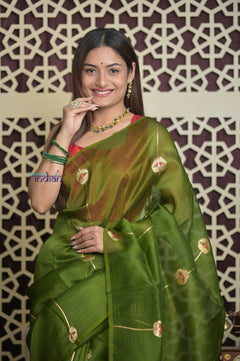 Shubh Lakshmi 2.0 ~ Handloom Pure Silk Kora Saree in Leaf Green (Silk Mark Certified)