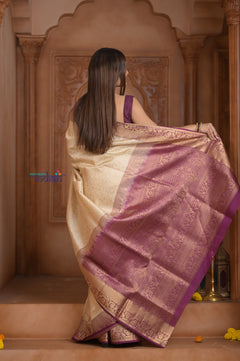 Shubh Lakshmi ~ Handloom High Quality Pure Soft Silk Saree in White and Mauve (Silk Mark Certified)
