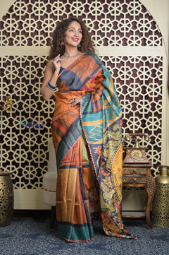 Shubh Lakshmi 2.0~ Handloom Tussar Silk Saree with Handpainted Scripture Pallu in Orange and Blue