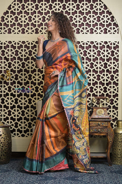 Shubh Lakshmi 2.0~ Handloom Tussar Silk Saree with Handpainted Scripture Pallu in Orange and Blue