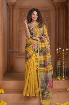 Shubh Lakshmi ~ Handloom Matka Tussar Silk Saree with Floral Handpaint in Yellow