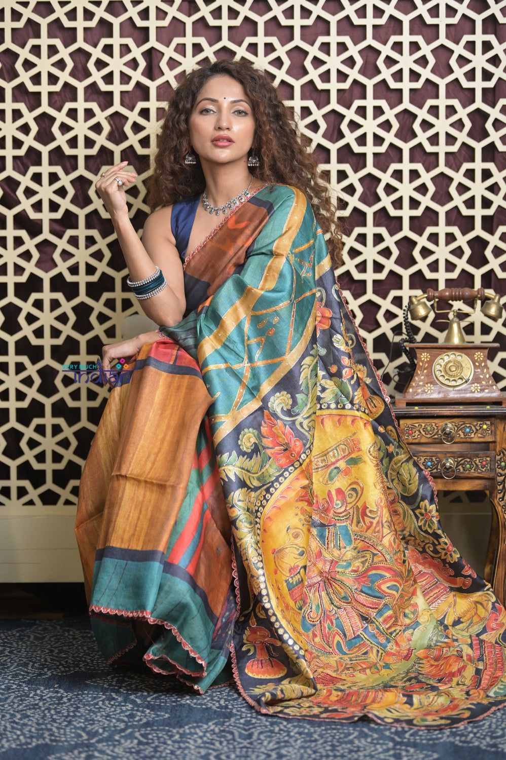 Shubh Lakshmi 2.0~ Handloom Tussar Silk Saree with Handpainted Scripture Pallu in Orange and Blue