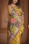 Shubh Lakshmi ~ Handloom Matka Tussar Silk Saree with Floral Handpaint in Yellow