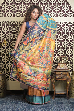 Shubh Lakshmi 2.0~ Handloom Tussar Silk Saree with Handpainted Scripture Pallu in Orange and Blue