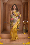 Shubh Lakshmi ~ Handloom Matka Tussar Silk Saree with Floral Handpaint in Yellow
