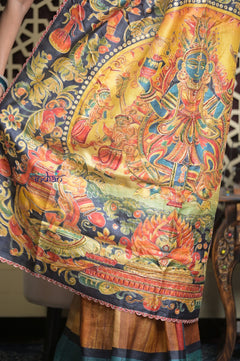 Shubh Lakshmi 2.0~ Handloom Tussar Silk Saree with Handpainted Scripture Pallu in Orange and Blue