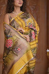 Shubh Lakshmi ~ Handloom Matka Tussar Silk Saree with Floral Handpaint in Yellow